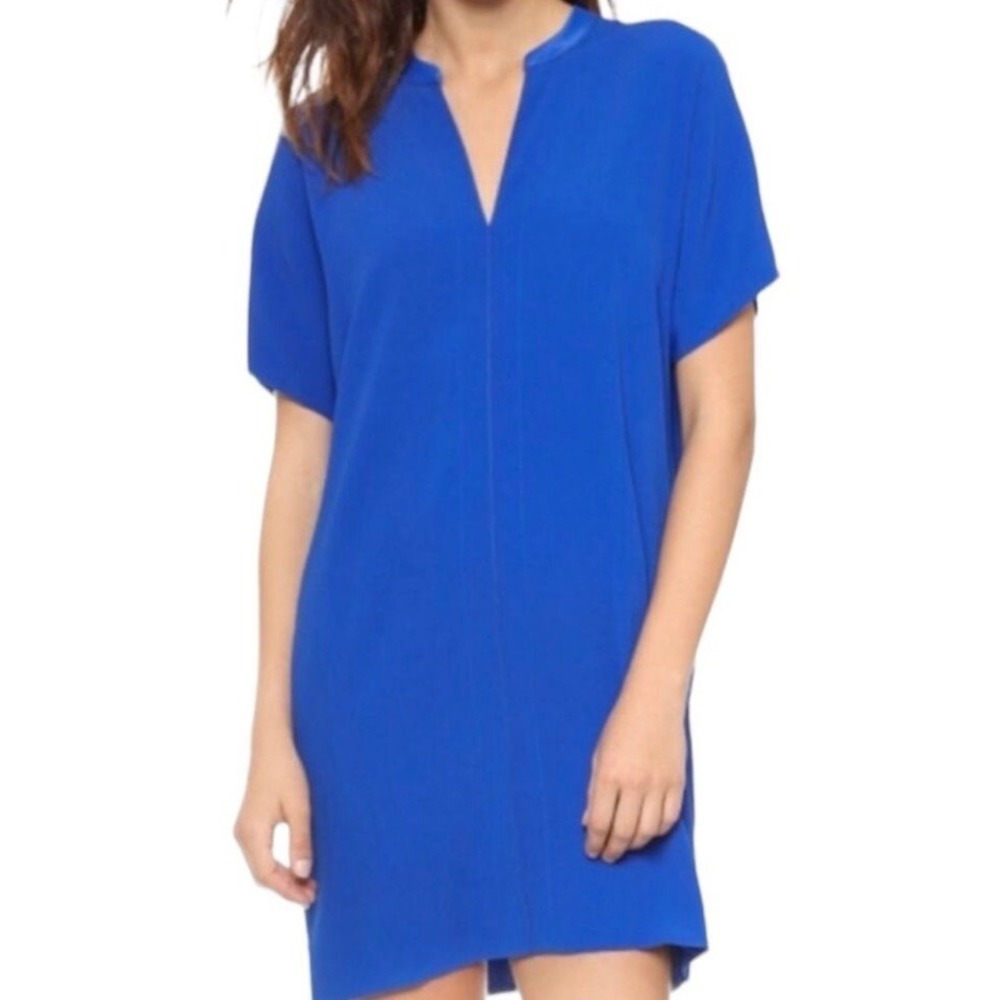 Vince Women Cobalt Blue V-Neck Short Sleeve Shift Dress with Pockets Size S